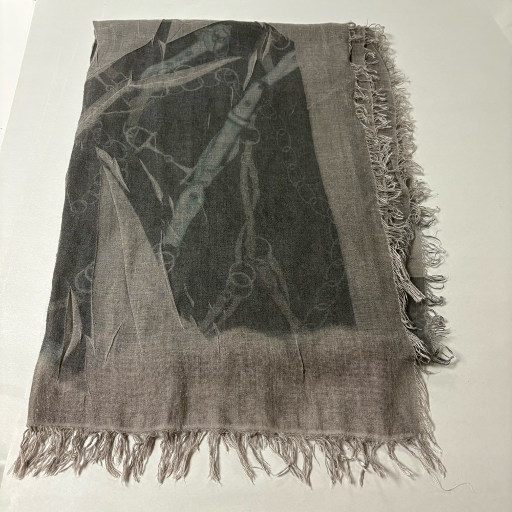 Fringed Gray Scarf Geometric Pattern Wool Silk Blend Italy